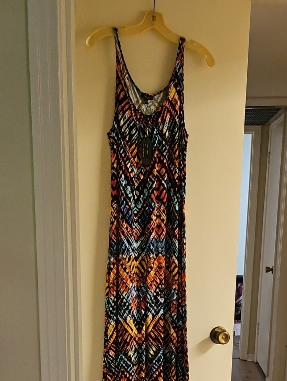 Sleeveless Multicolor Geometric Maxi Dress with Black Hem